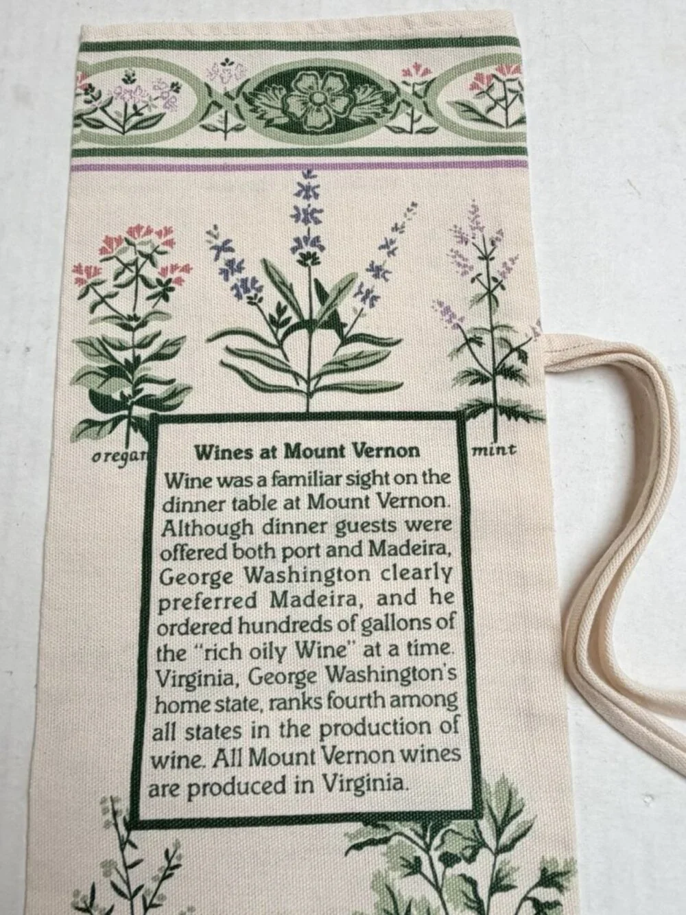 Mount Vernon VA George Washington Garden Of Herbs Home Wine Fabric Bag Thyme